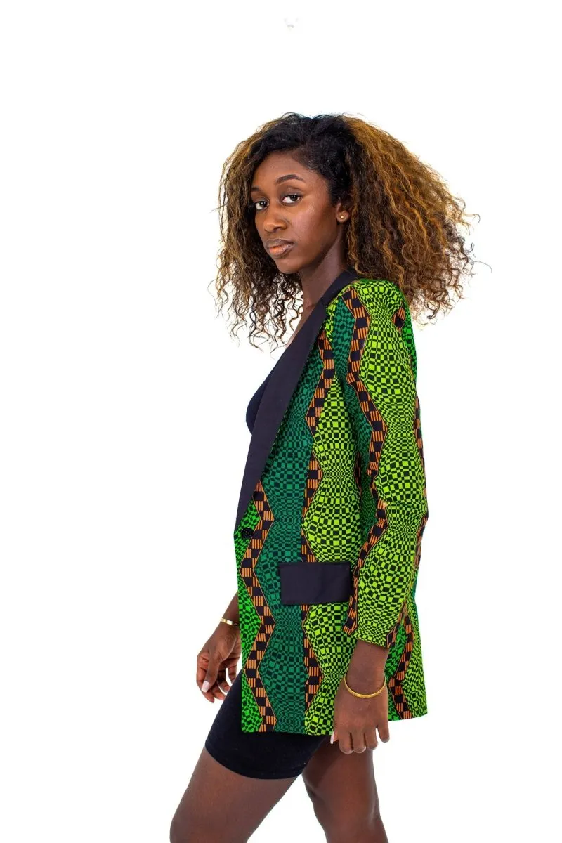 Smooth Visage Long Green Ankara  African Print Tuxedo Blazer