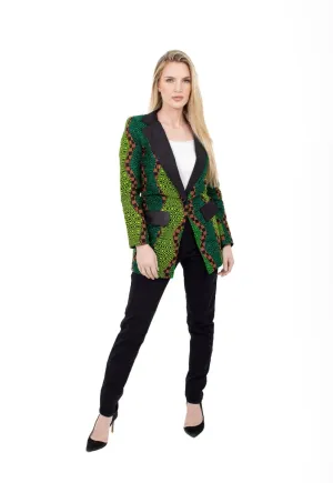 Smooth Visage Long Green Ankara  African Print Tuxedo Blazer