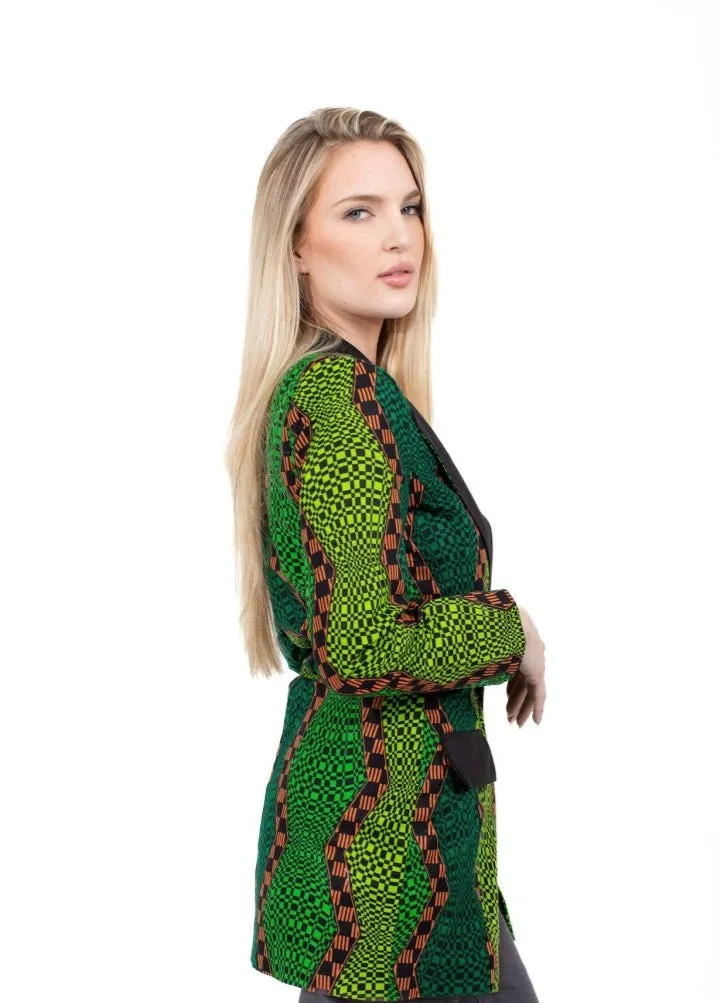 Smooth Visage Long Green Ankara  African Print Tuxedo Blazer