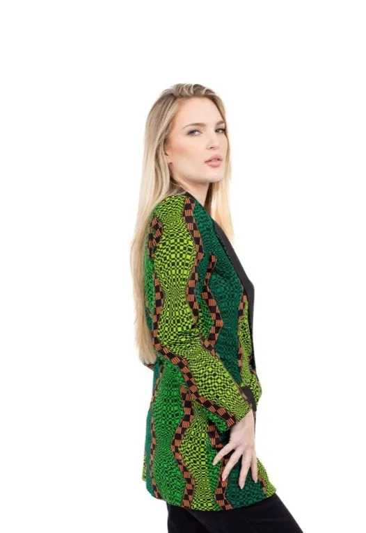 Smooth Visage Long Green Ankara  African Print Tuxedo Blazer