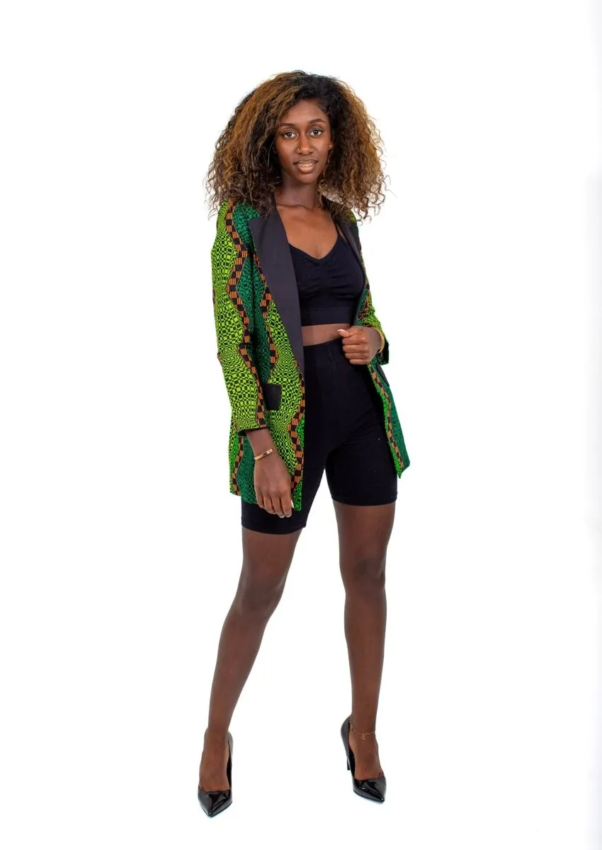 Smooth Visage Long Green Ankara  African Print Tuxedo Blazer