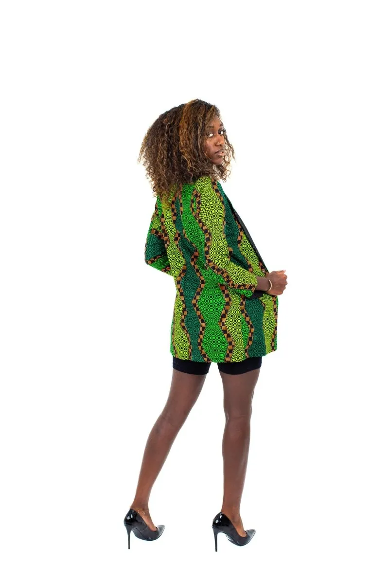 Smooth Visage Long Green Ankara  African Print Tuxedo Blazer
