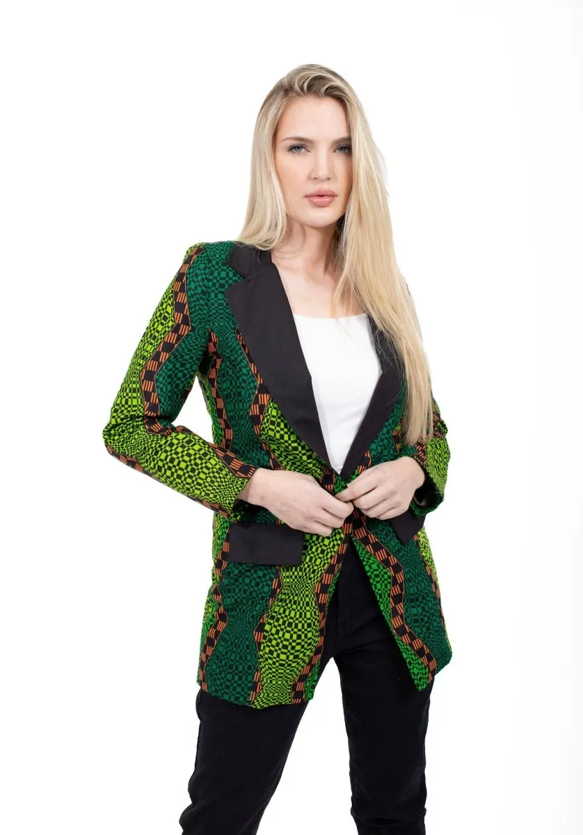 Smooth Visage Long Green Ankara  African Print Tuxedo Blazer