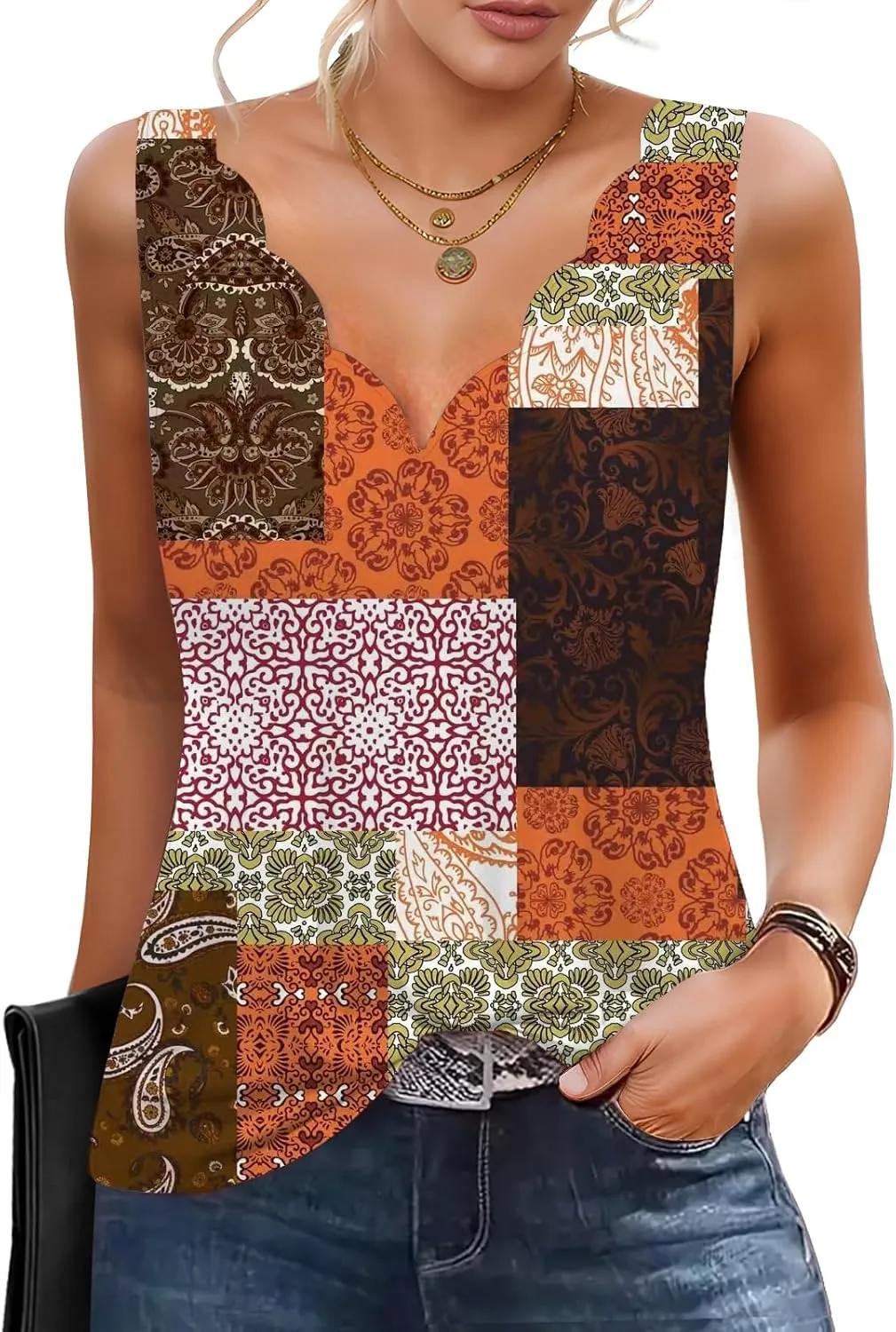 Summer Tops for Women Seashell Edge Tank Tops V Neck Sleeveless Shirts Loose Fit Dressy Casual