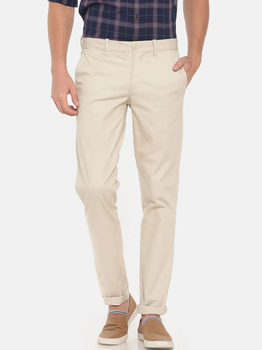 T-Base Men Cream-Coloured  Slim Tapered Core Chino Trousers