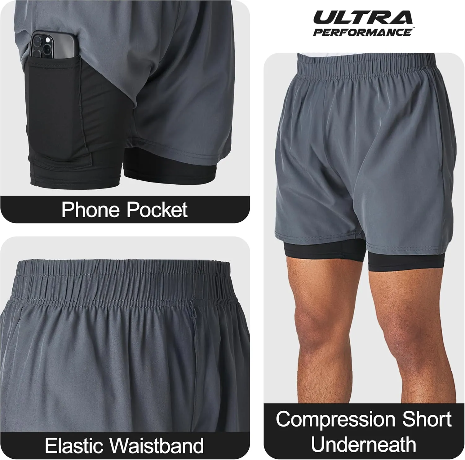 Ultra Performance Men's Athletic 2 in 1 Compression Shorts 2 Pack Mens Gym Workout Running Shorts for Men, 5 Inch Inseam