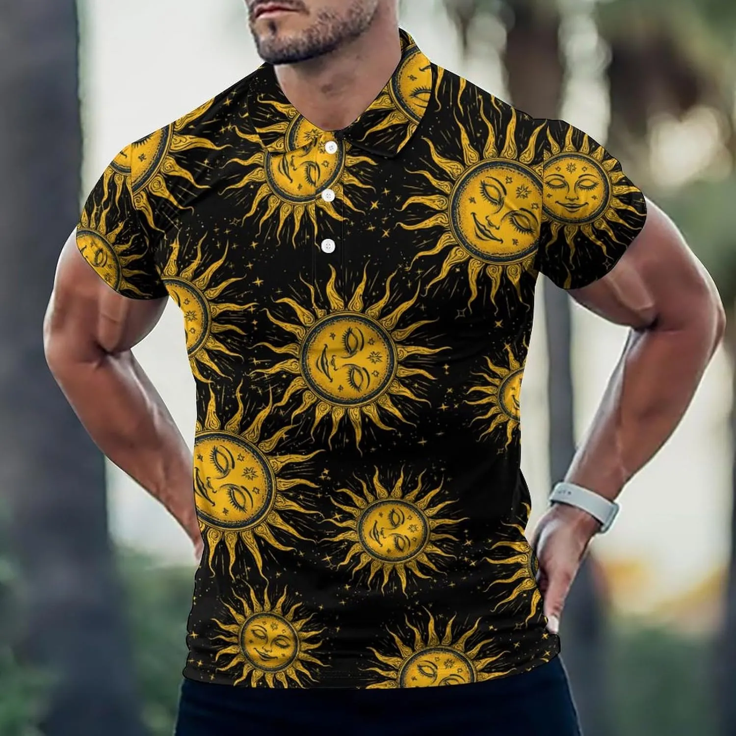 Vintage Sun Art Mens Polo Shirts Quick Dry Short Sleeve T-shirts Slim Tennis Collared Tees Tops