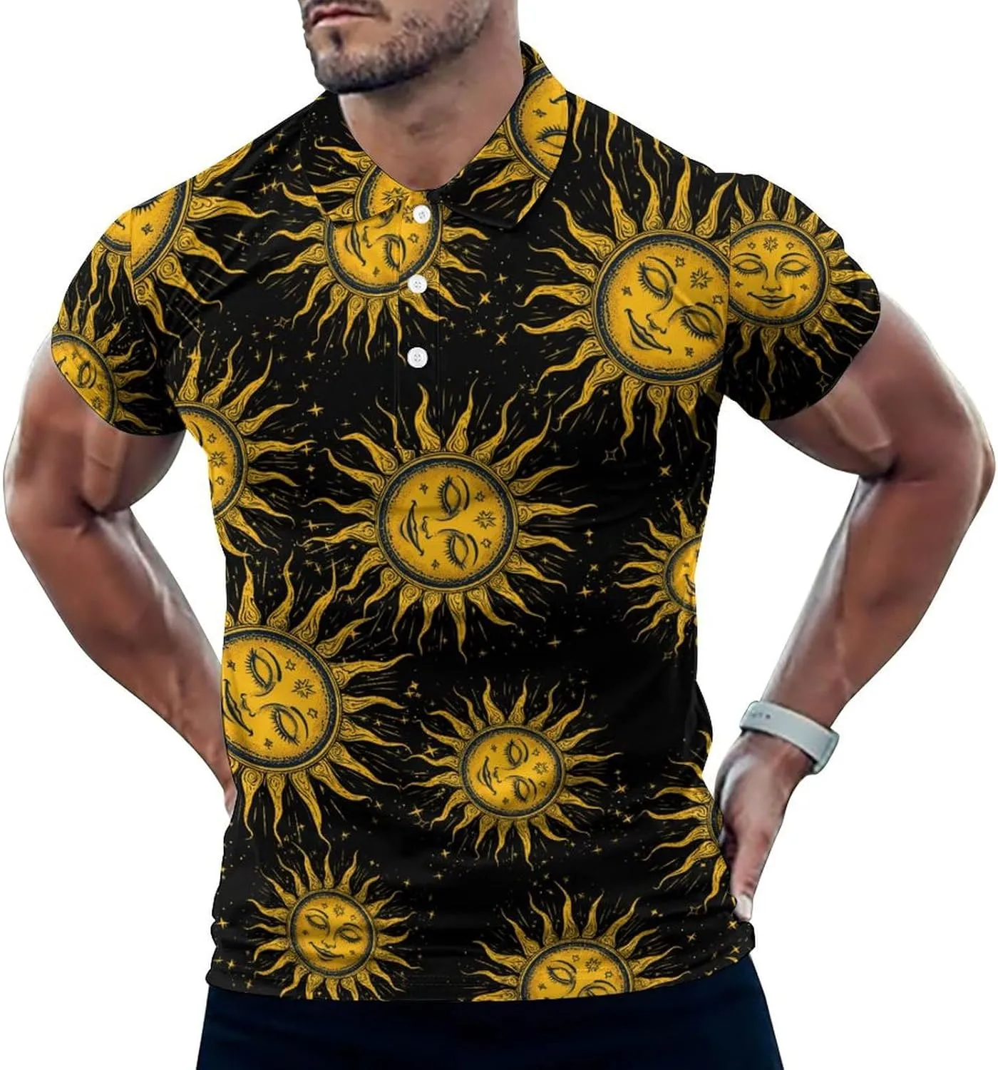 Vintage Sun Art Mens Polo Shirts Quick Dry Short Sleeve T-shirts Slim Tennis Collared Tees Tops