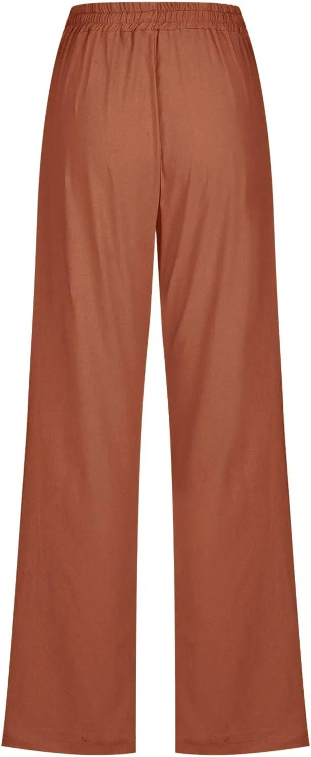 Women Linen Palazzo Pants Winter Low Outfits Trousers with Pockets Flare Leggings High Waisted