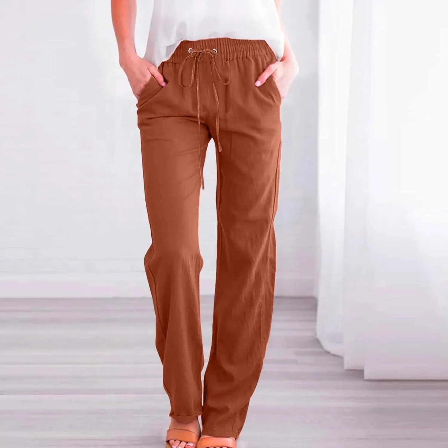 Women Linen Palazzo Pants Winter Low Outfits Trousers with Pockets Flare Leggings High Waisted