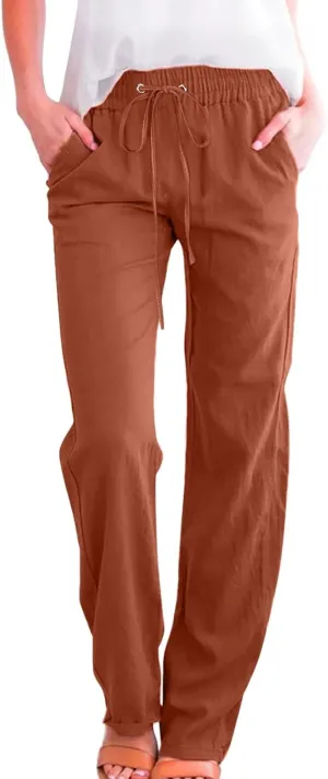 Women Linen Palazzo Pants Winter Low Outfits Trousers with Pockets Flare Leggings High Waisted