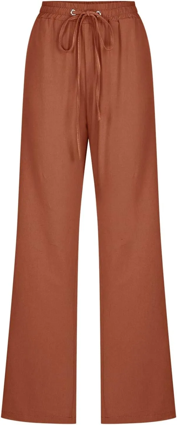 Women Linen Palazzo Pants Winter Low Outfits Trousers with Pockets Flare Leggings High Waisted