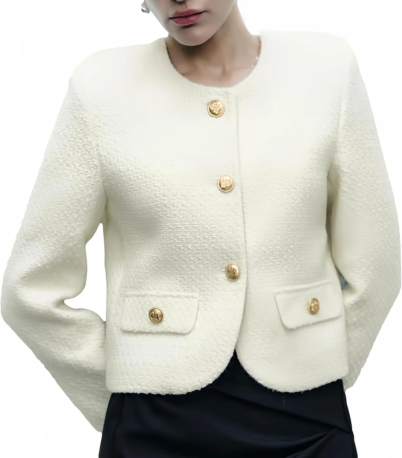 Women's Cropped Crew Neck Casual Tweed Blazer Elegant Slim Long Sleeve Jacket with Fake Pockets