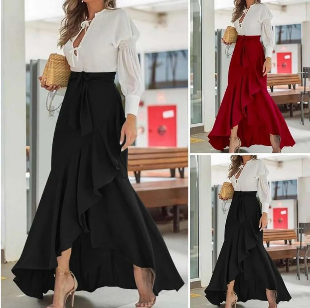 Women's Elegant Ruffles Long Skirt Knee Length Summer Mermaid Bodycon Dress for Wedding Party Cocktail