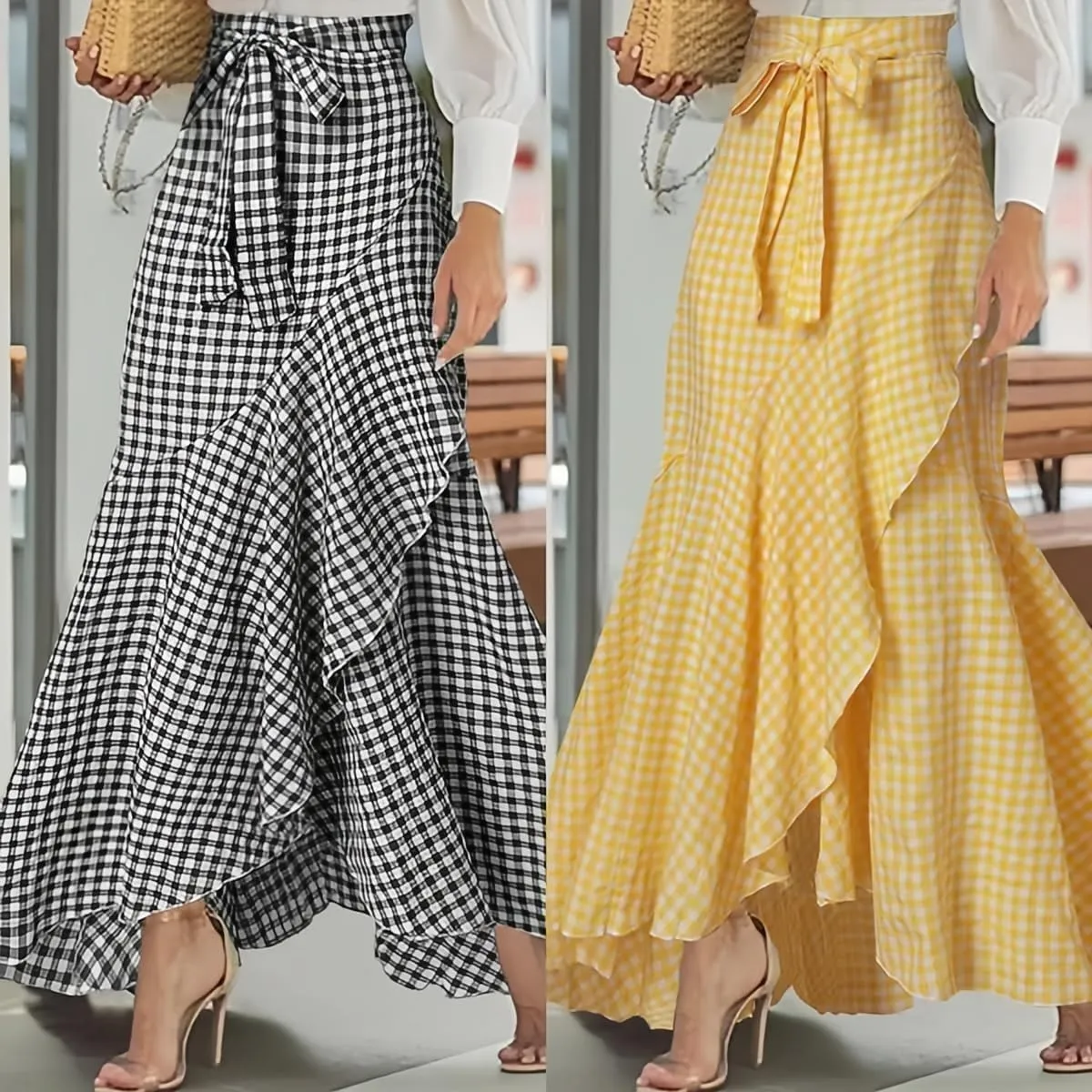 Women's Elegant Ruffles Long Skirt Knee Length Summer Mermaid Bodycon Dress for Wedding Party Cocktail