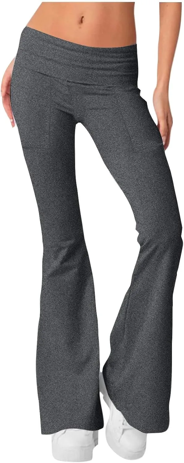 Women's High Waist Yoga Pants Casual Flared Trousers Solid Elastic Waist Pocket Pants Slim Fit Stretchy Stylish Pants