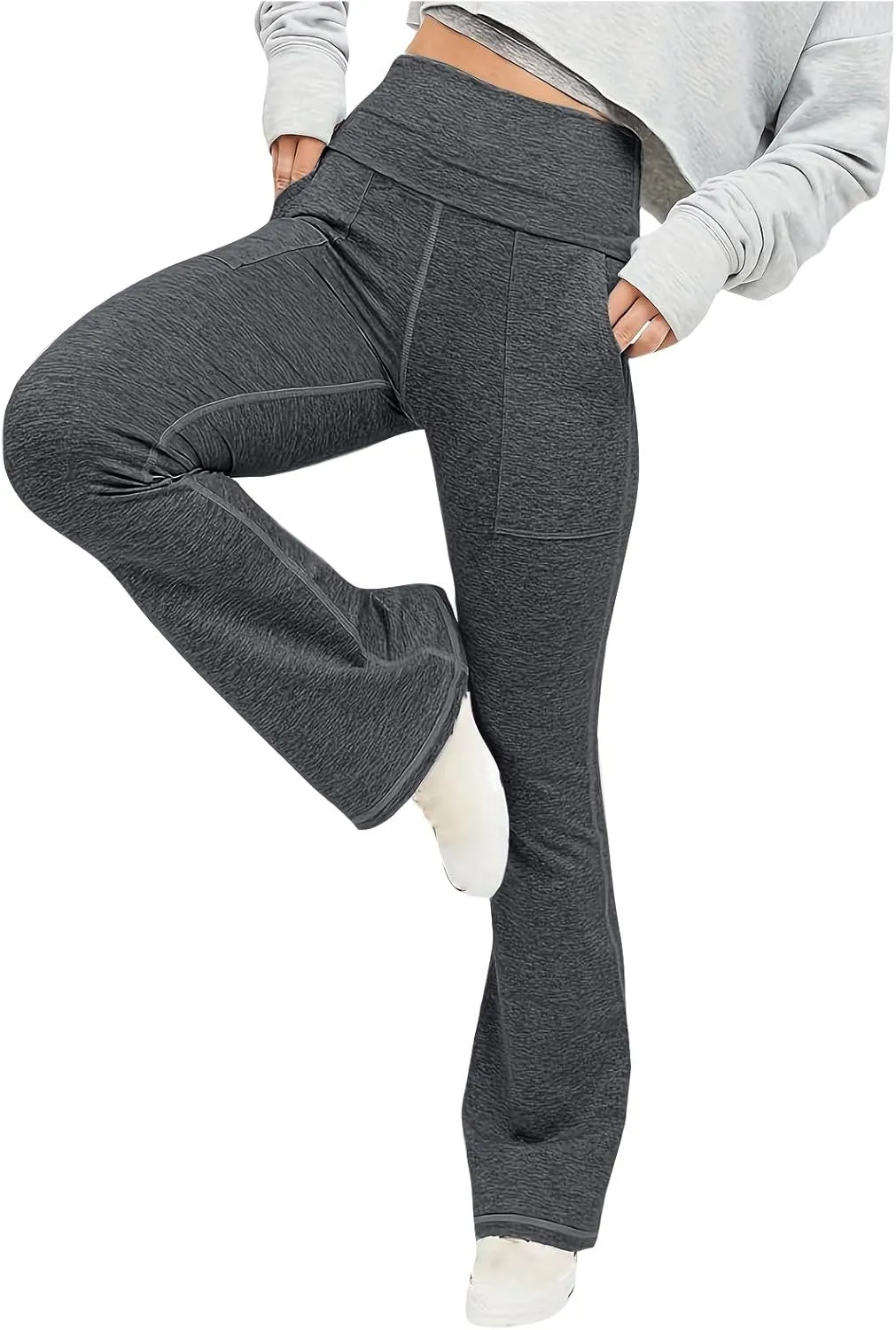 Women's High Waist Yoga Pants Casual Flared Trousers Solid Elastic Waist Pocket Pants Slim Fit Stretchy Stylish Pants
