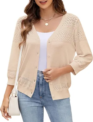 Women's Lightweight Cardigan Sweaters 3/4 Sleeve V Neck Button Down Hollowed-Out Trendy Cardigan Knit Shrugs Tops