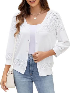 Women's Lightweight Cardigan Sweaters 3/4 Sleeve V Neck Button Down Hollowed-Out Trendy Cardigan Knit Shrugs Tops