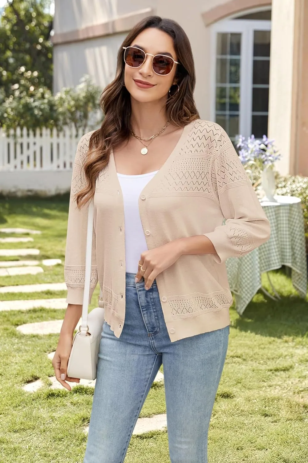 Women's Lightweight Cardigan Sweaters 3/4 Sleeve V Neck Button Down Hollowed-Out Trendy Cardigan Knit Shrugs Tops