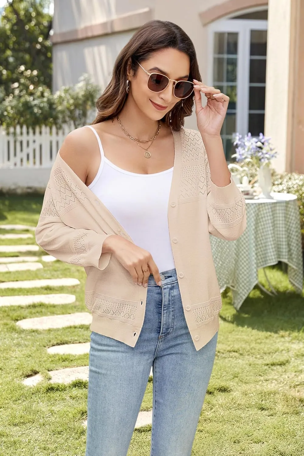 Women's Lightweight Cardigan Sweaters 3/4 Sleeve V Neck Button Down Hollowed-Out Trendy Cardigan Knit Shrugs Tops