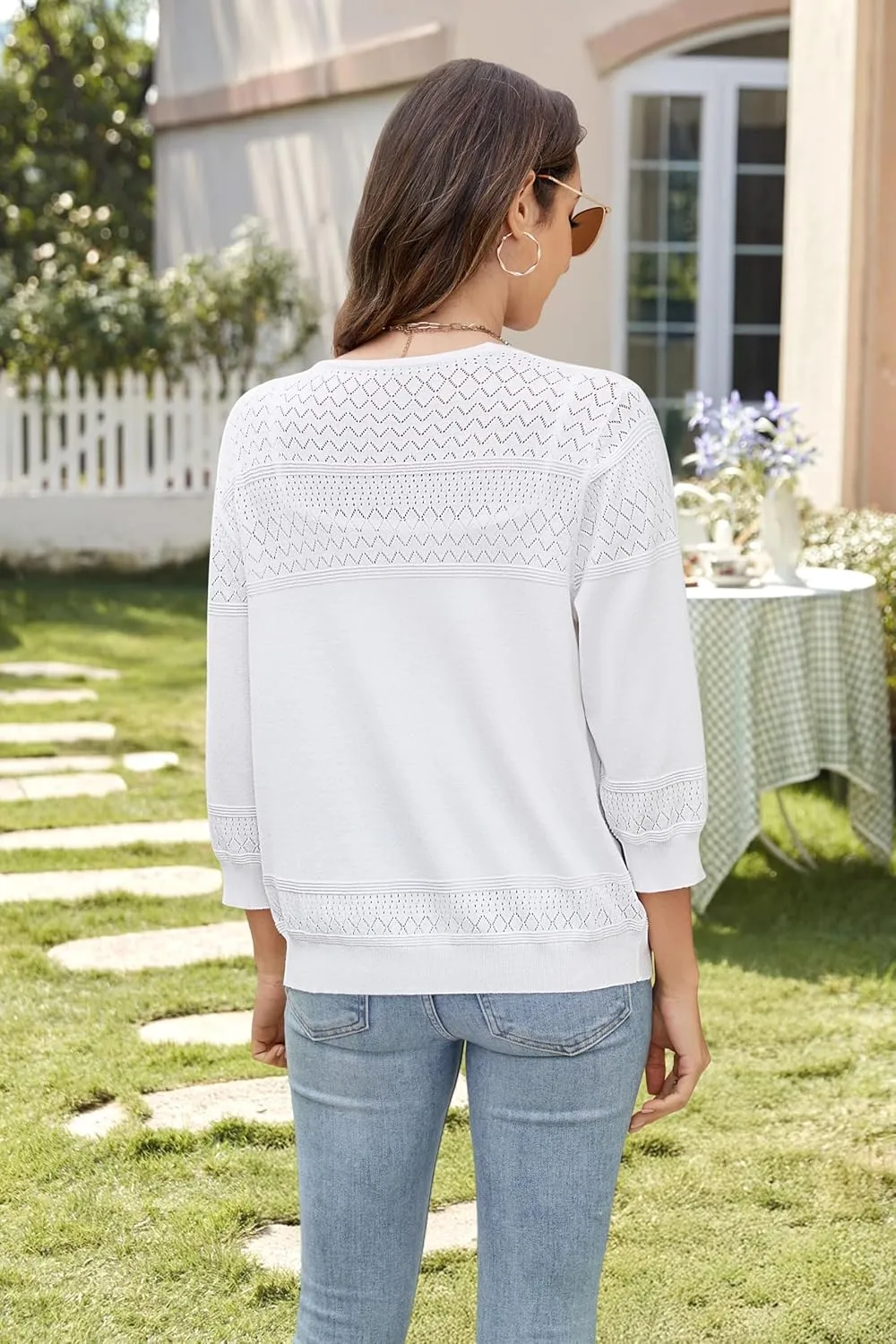Women's Lightweight Cardigan Sweaters 3/4 Sleeve V Neck Button Down Hollowed-Out Trendy Cardigan Knit Shrugs Tops