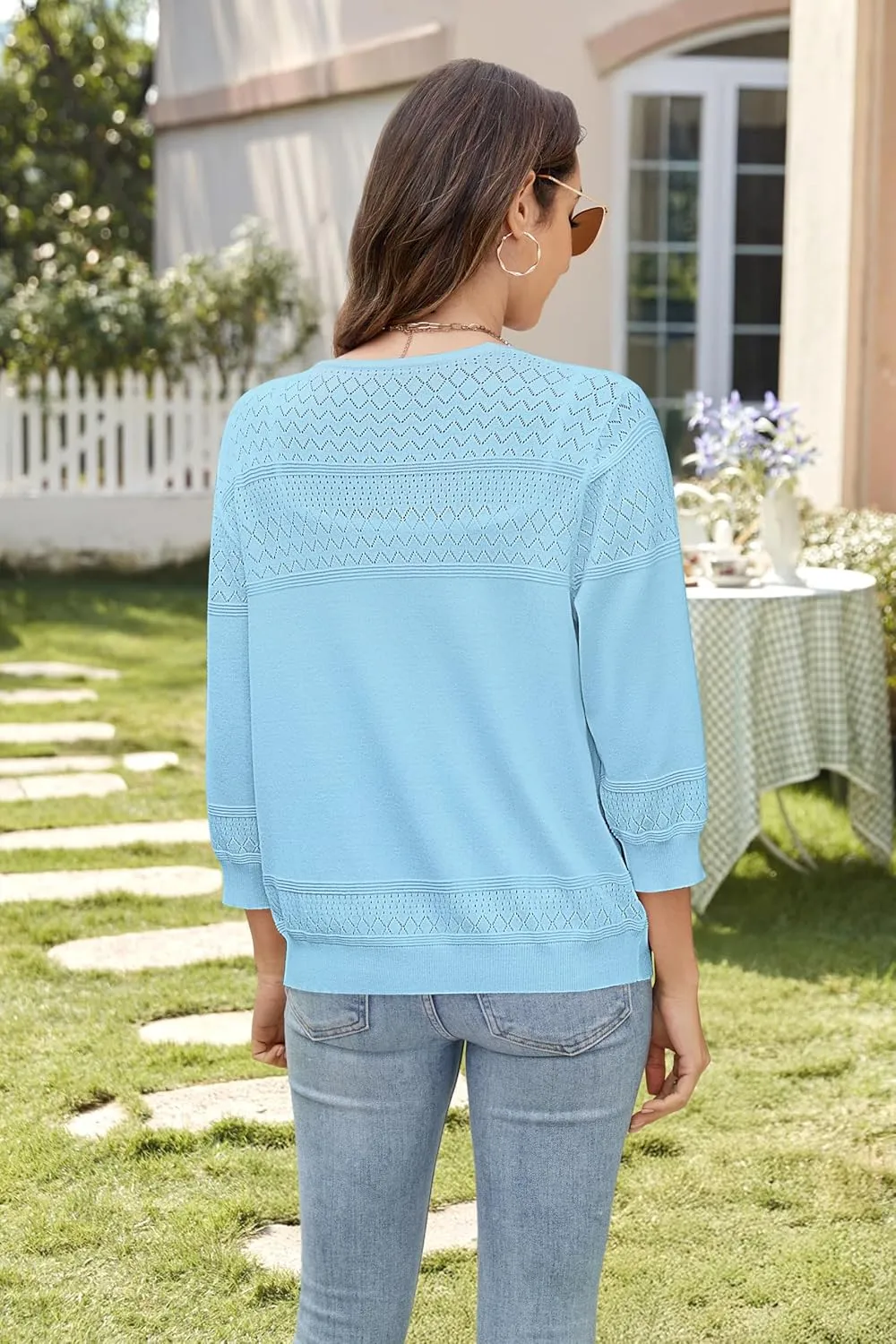 Women's Lightweight Cardigan Sweaters 3/4 Sleeve V Neck Button Down Hollowed-Out Trendy Cardigan Knit Shrugs Tops