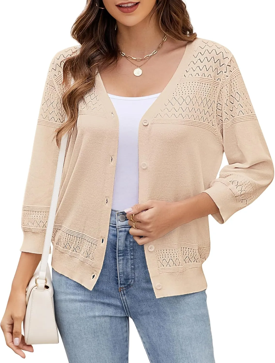 Women's Lightweight Cardigan Sweaters 3/4 Sleeve V Neck Button Down Hollowed-Out Trendy Cardigan Knit Shrugs Tops