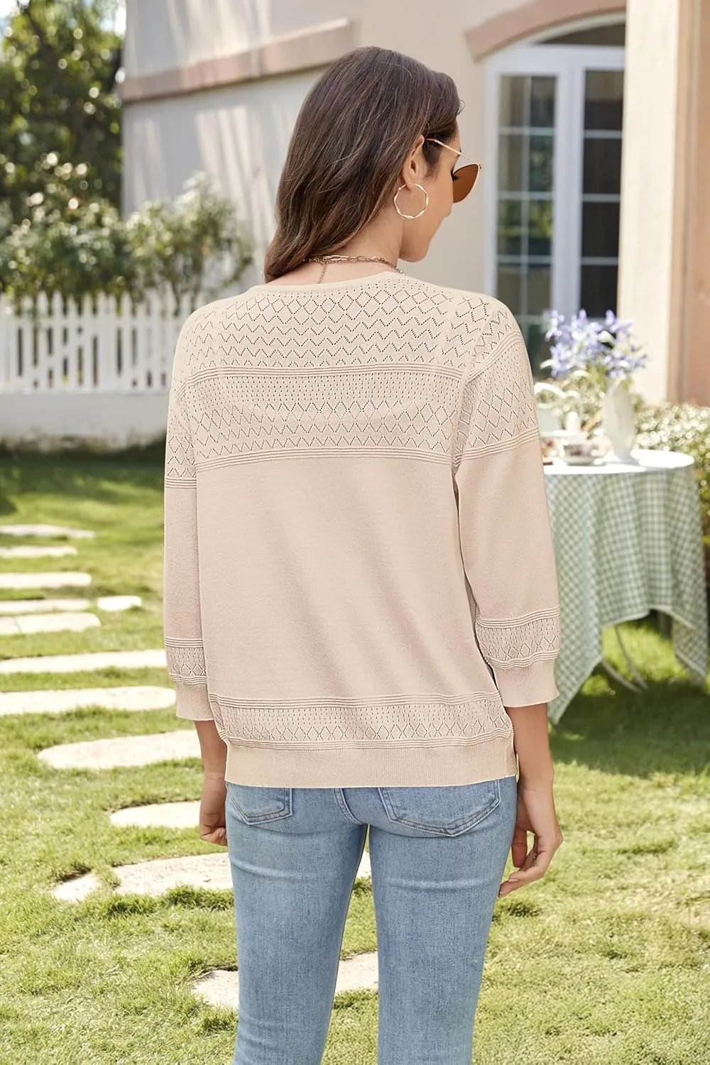 Women's Lightweight Cardigan Sweaters 3/4 Sleeve V Neck Button Down Hollowed-Out Trendy Cardigan Knit Shrugs Tops