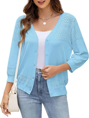 Women's Lightweight Cardigan Sweaters 3/4 Sleeve V Neck Button Down Hollowed-Out Trendy Cardigan Knit Shrugs Tops
