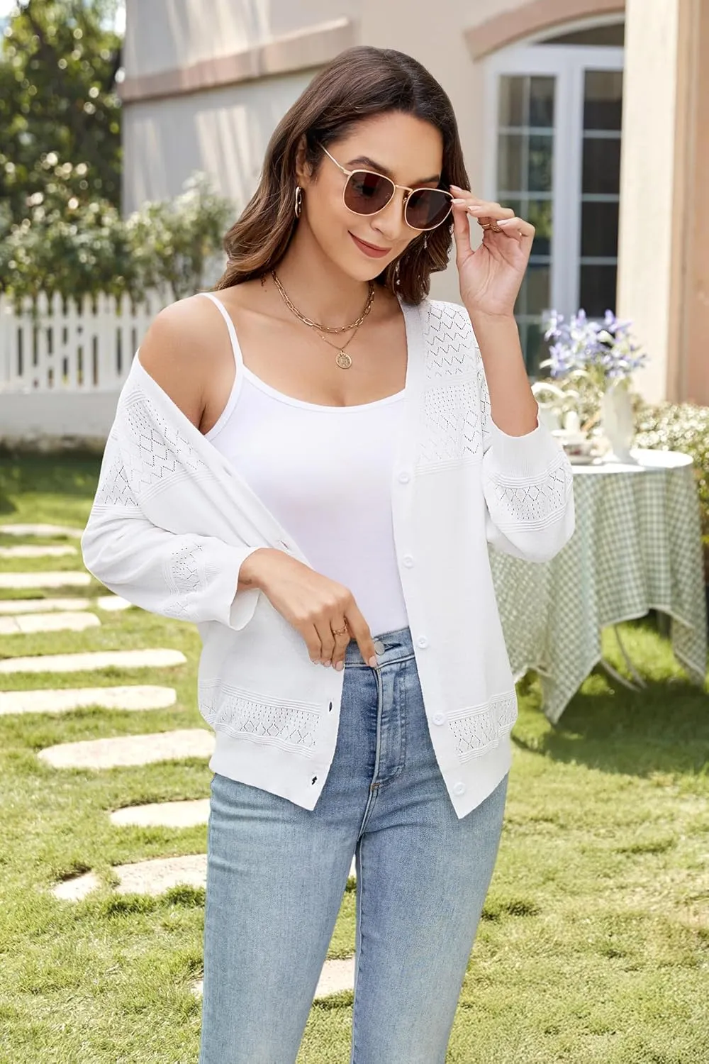 Women's Lightweight Cardigan Sweaters 3/4 Sleeve V Neck Button Down Hollowed-Out Trendy Cardigan Knit Shrugs Tops