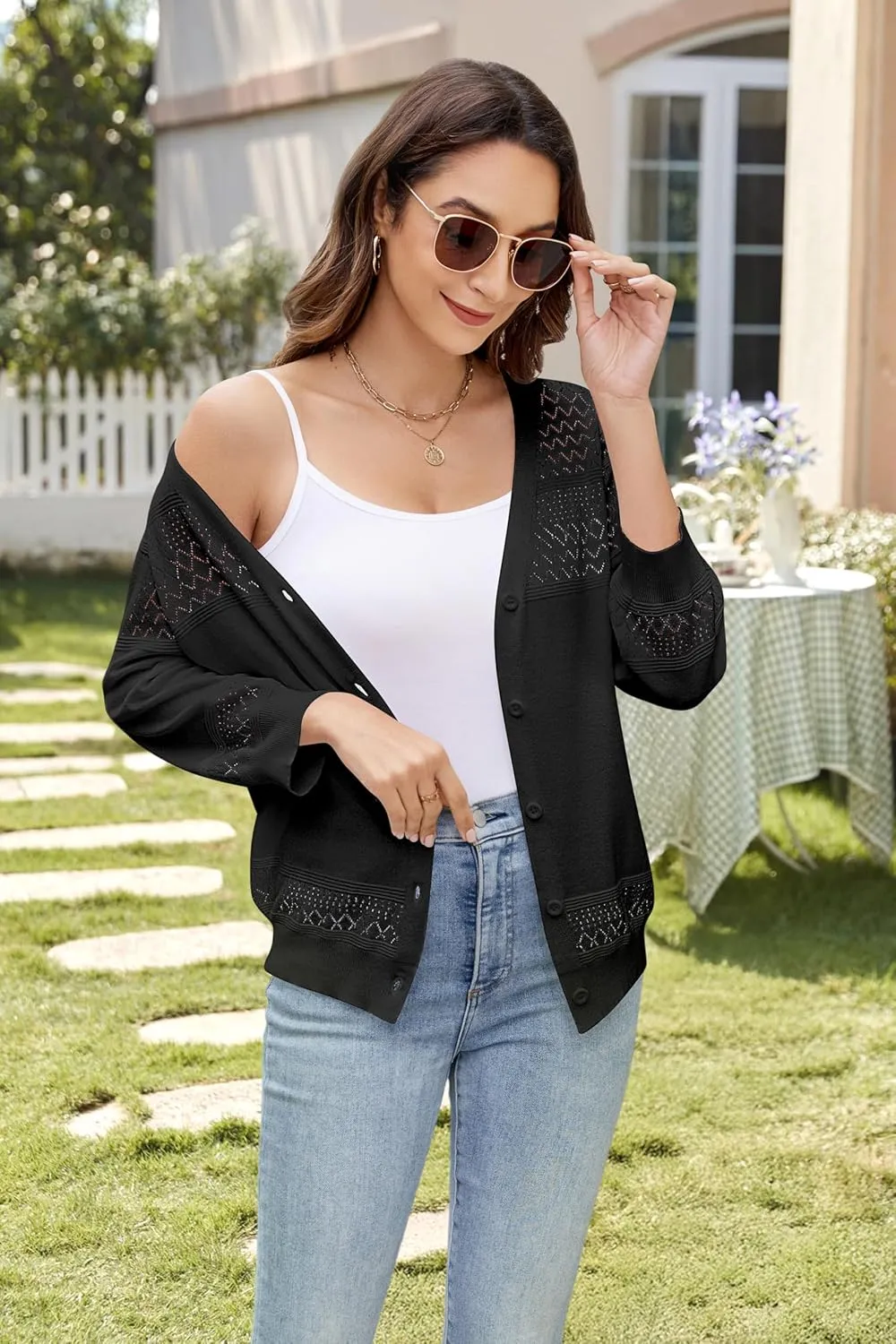 Women's Lightweight Cardigan Sweaters 3/4 Sleeve V Neck Button Down Hollowed-Out Trendy Cardigan Knit Shrugs Tops