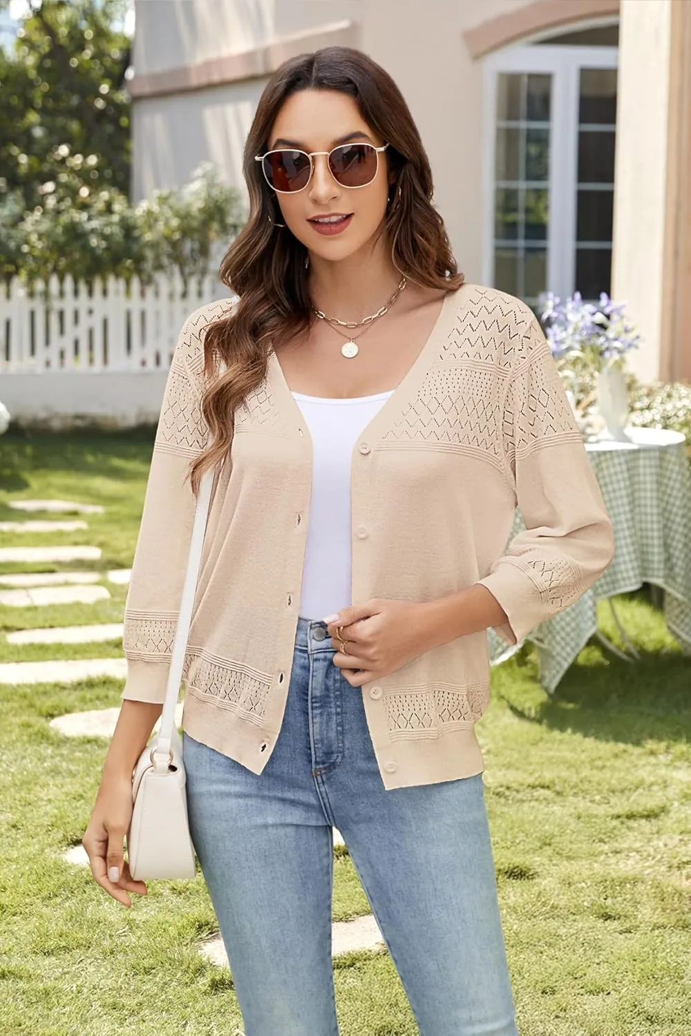 Women's Lightweight Cardigan Sweaters 3/4 Sleeve V Neck Button Down Hollowed-Out Trendy Cardigan Knit Shrugs Tops