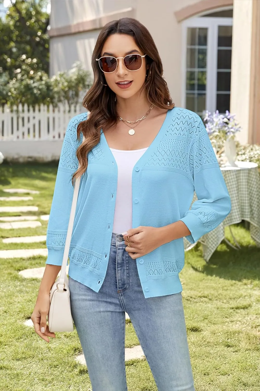 Women's Lightweight Cardigan Sweaters 3/4 Sleeve V Neck Button Down Hollowed-Out Trendy Cardigan Knit Shrugs Tops