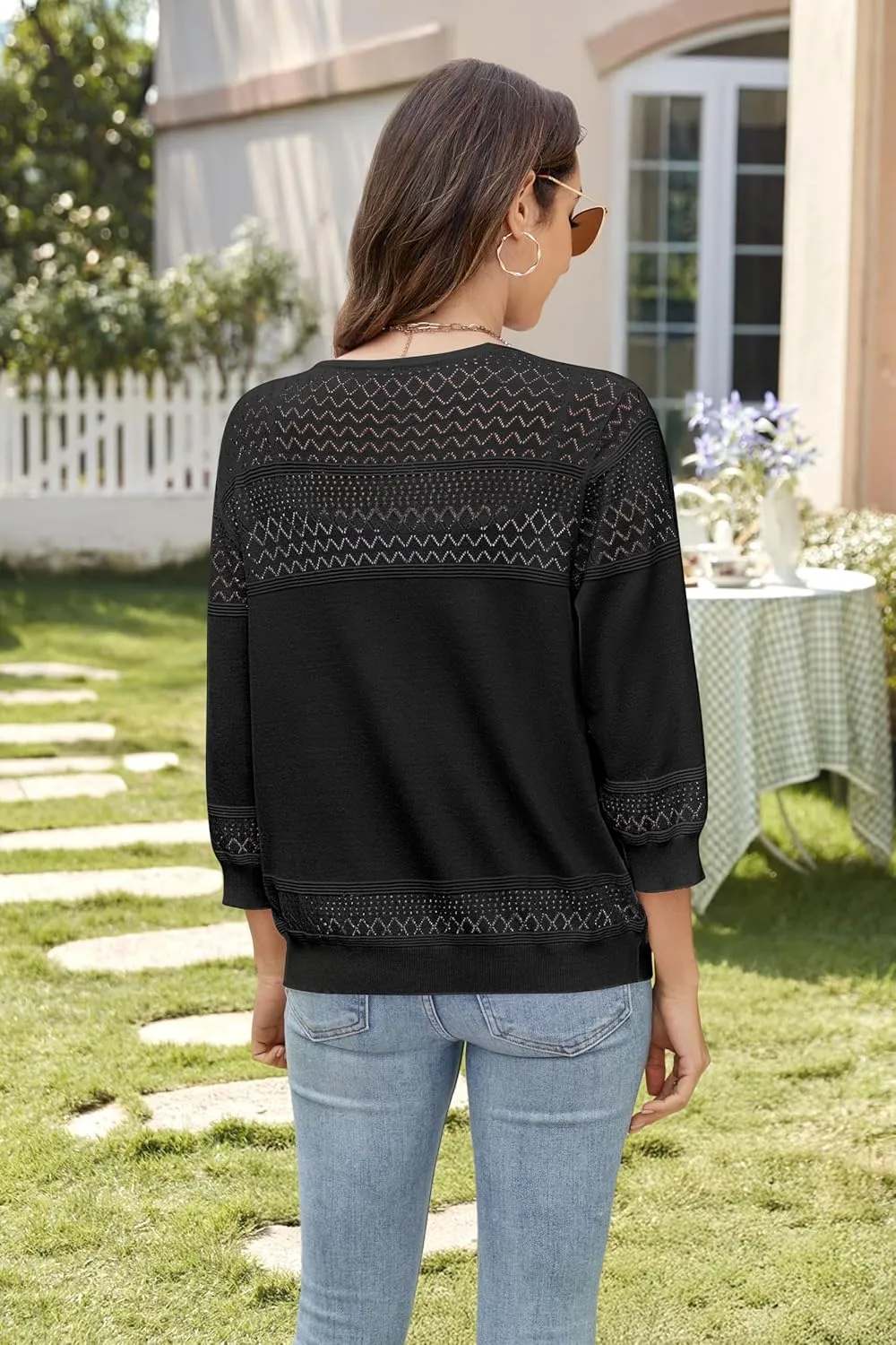Women's Lightweight Cardigan Sweaters 3/4 Sleeve V Neck Button Down Hollowed-Out Trendy Cardigan Knit Shrugs Tops