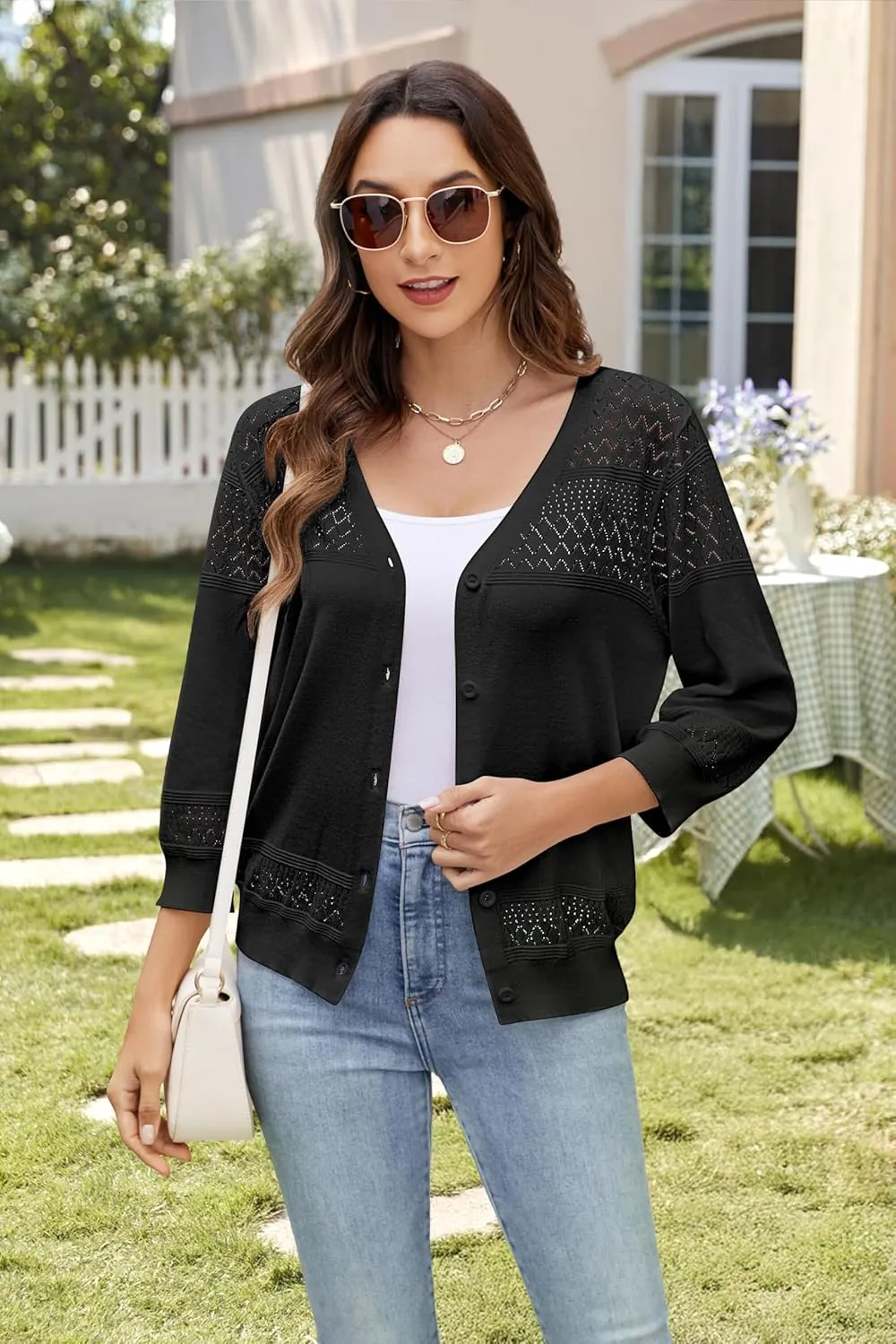 Women's Lightweight Cardigan Sweaters 3/4 Sleeve V Neck Button Down Hollowed-Out Trendy Cardigan Knit Shrugs Tops