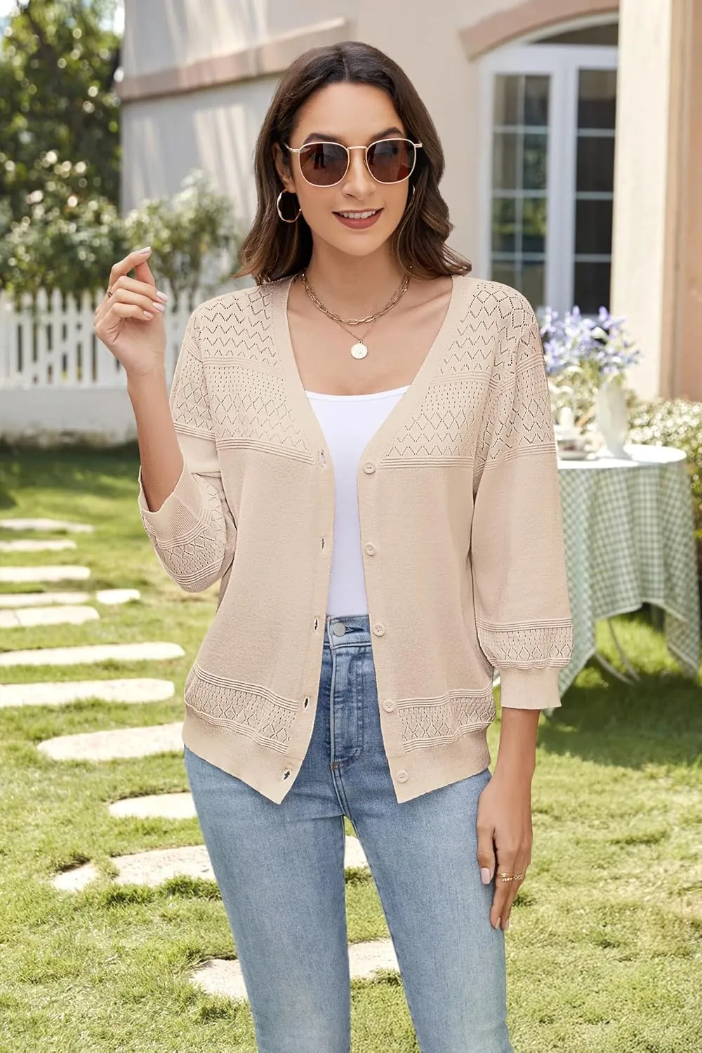 Women's Lightweight Cardigan Sweaters 3/4 Sleeve V Neck Button Down Hollowed-Out Trendy Cardigan Knit Shrugs Tops