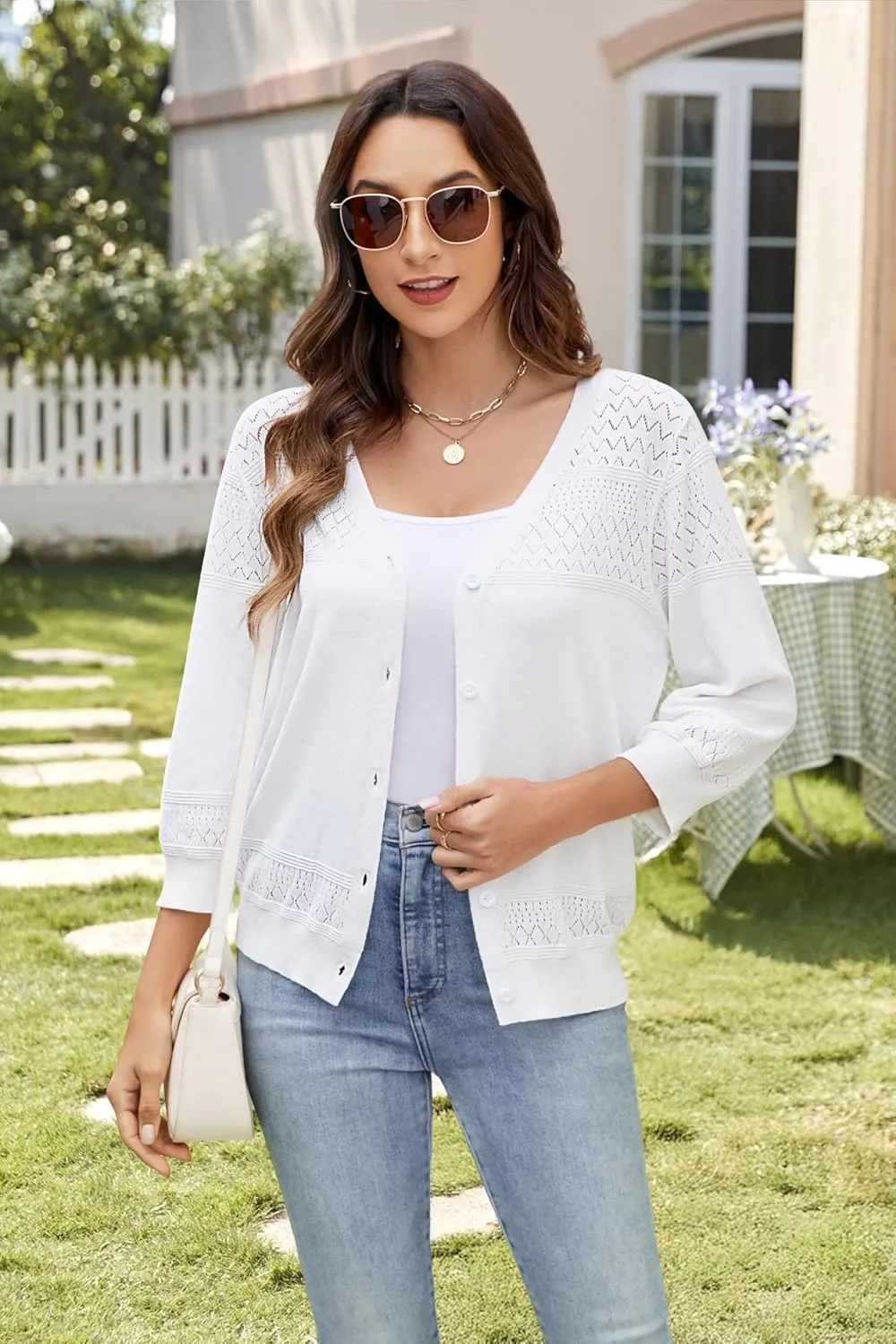 Women's Lightweight Cardigan Sweaters 3/4 Sleeve V Neck Button Down Hollowed-Out Trendy Cardigan Knit Shrugs Tops