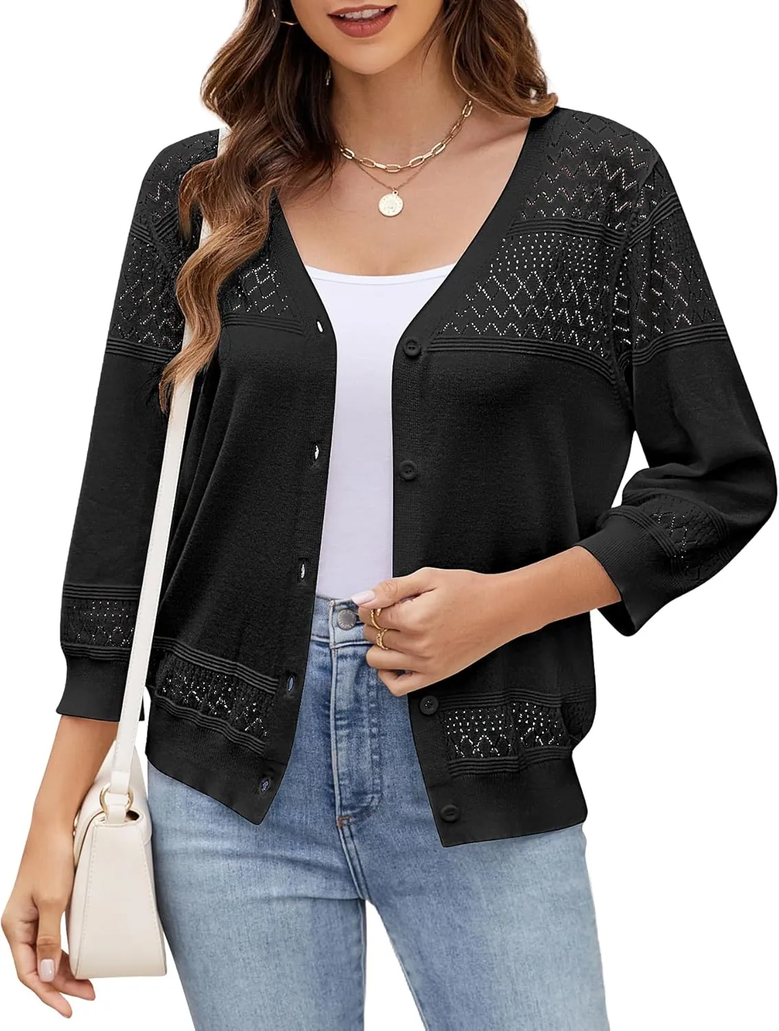 Women's Lightweight Cardigan Sweaters 3/4 Sleeve V Neck Button Down Hollowed-Out Trendy Cardigan Knit Shrugs Tops