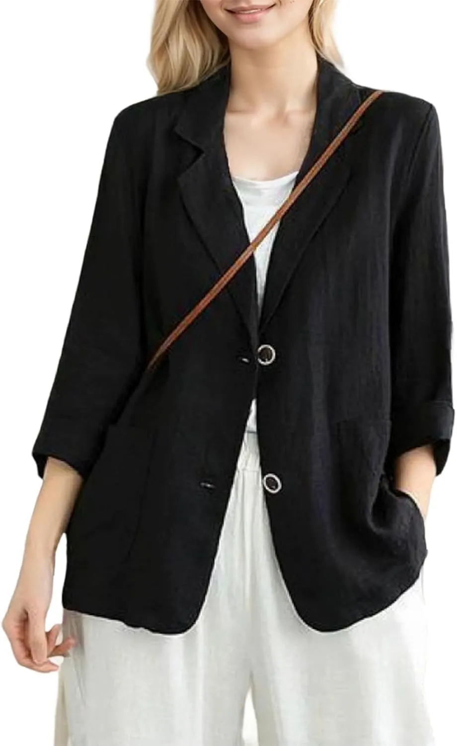 Womens Linen Blazer 3/4 Sleeve Notch Lapel Summer Casual Blazers Jackets with Pockets