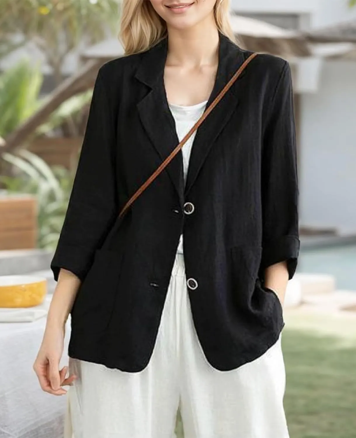 Womens Linen Blazer 3/4 Sleeve Notch Lapel Summer Casual Blazers Jackets with Pockets