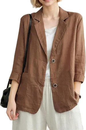 Womens Linen Blazer 3/4 Sleeve Notch Lapel Summer Casual Blazers Jackets with Pockets
