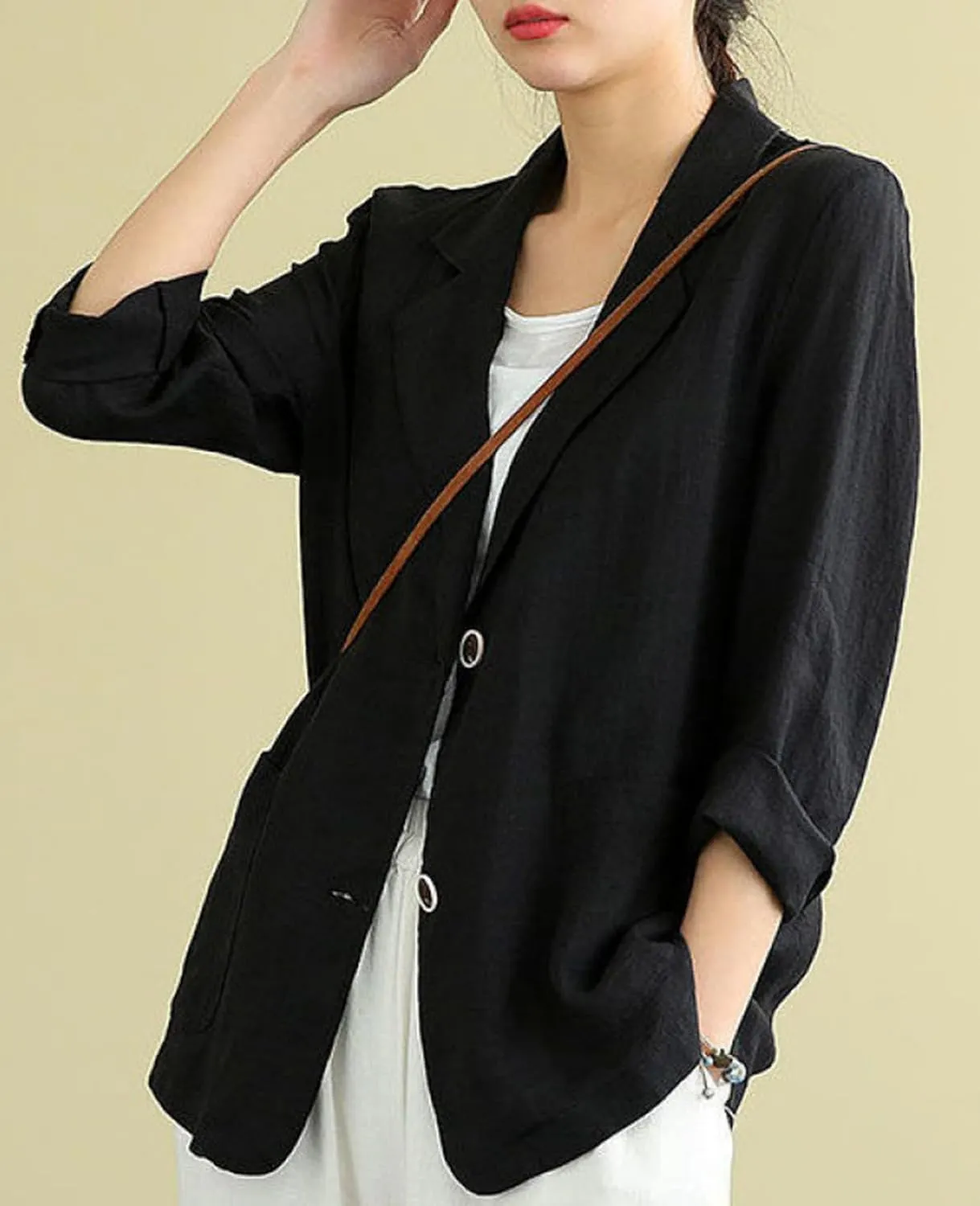 Womens Linen Blazer 3/4 Sleeve Notch Lapel Summer Casual Blazers Jackets with Pockets