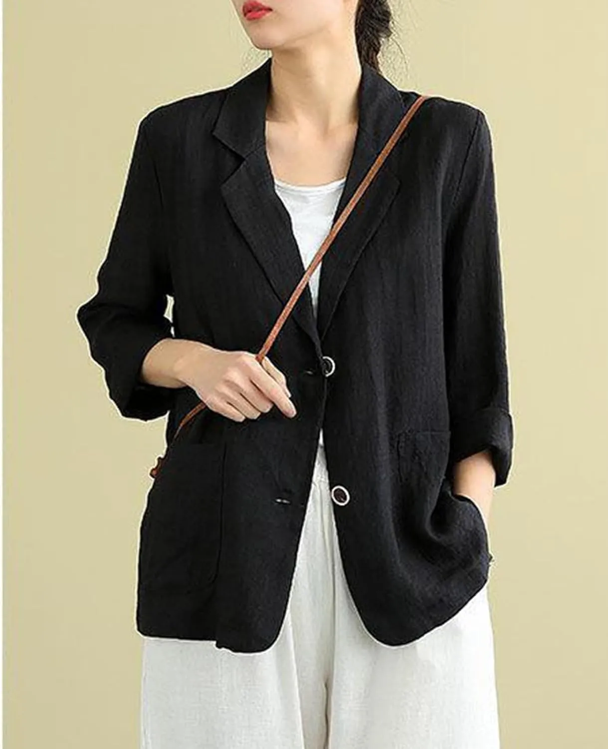 Womens Linen Blazer 3/4 Sleeve Notch Lapel Summer Casual Blazers Jackets with Pockets