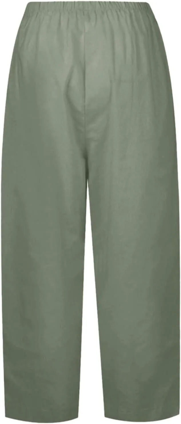 Womens Linen Casual Pants Winter Linen Business Capris with Pockets Wide Leg Straight Leg