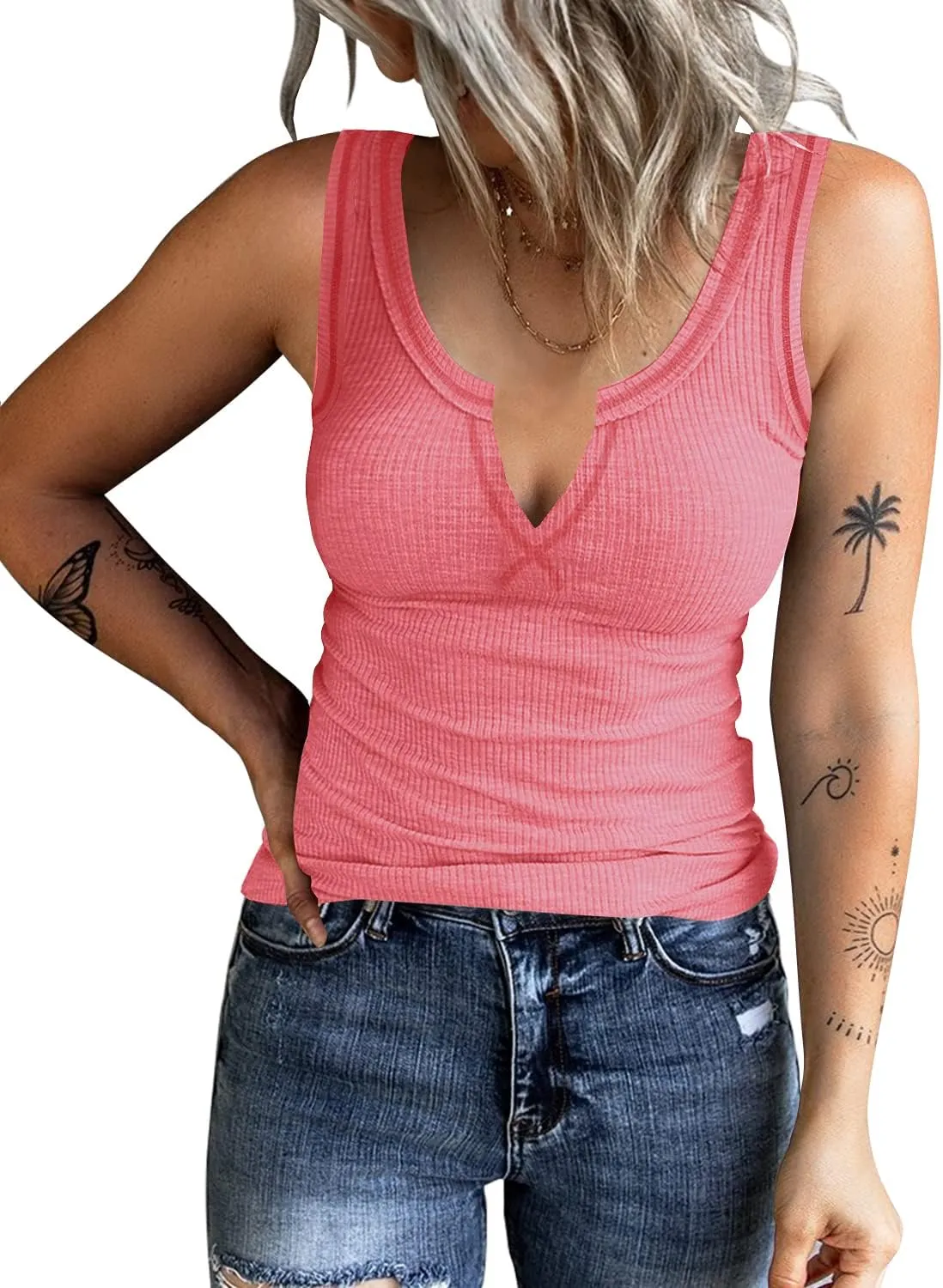 Women's Tank Tops Ribbed V Neck Sleeveless T Shirts Summer Slim Fitted Basic Tee Tops Crew Neck Cami Shirt