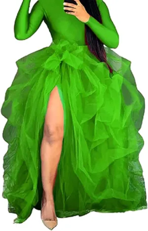Women's Tulle Maxi Skirt Floor Length Layered High Waist Split Skirt A-Line Puffy Mesh Tutu Skirt for Wedding Party