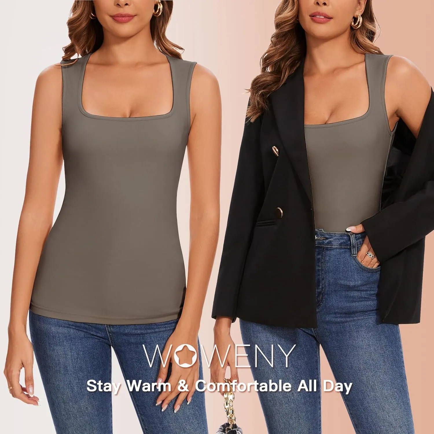 WOWENY Women's Thermal Tank Tops Sleeveless Underwear Tops Adjustable Straps Winter Camisole Fleece Shirts Warm Vest