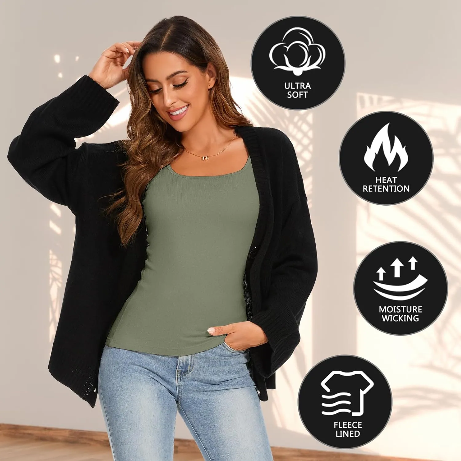 WOWENY Women's Thermal Tank Tops Sleeveless Underwear Tops Adjustable Straps Winter Camisole Fleece Shirts Warm Vest