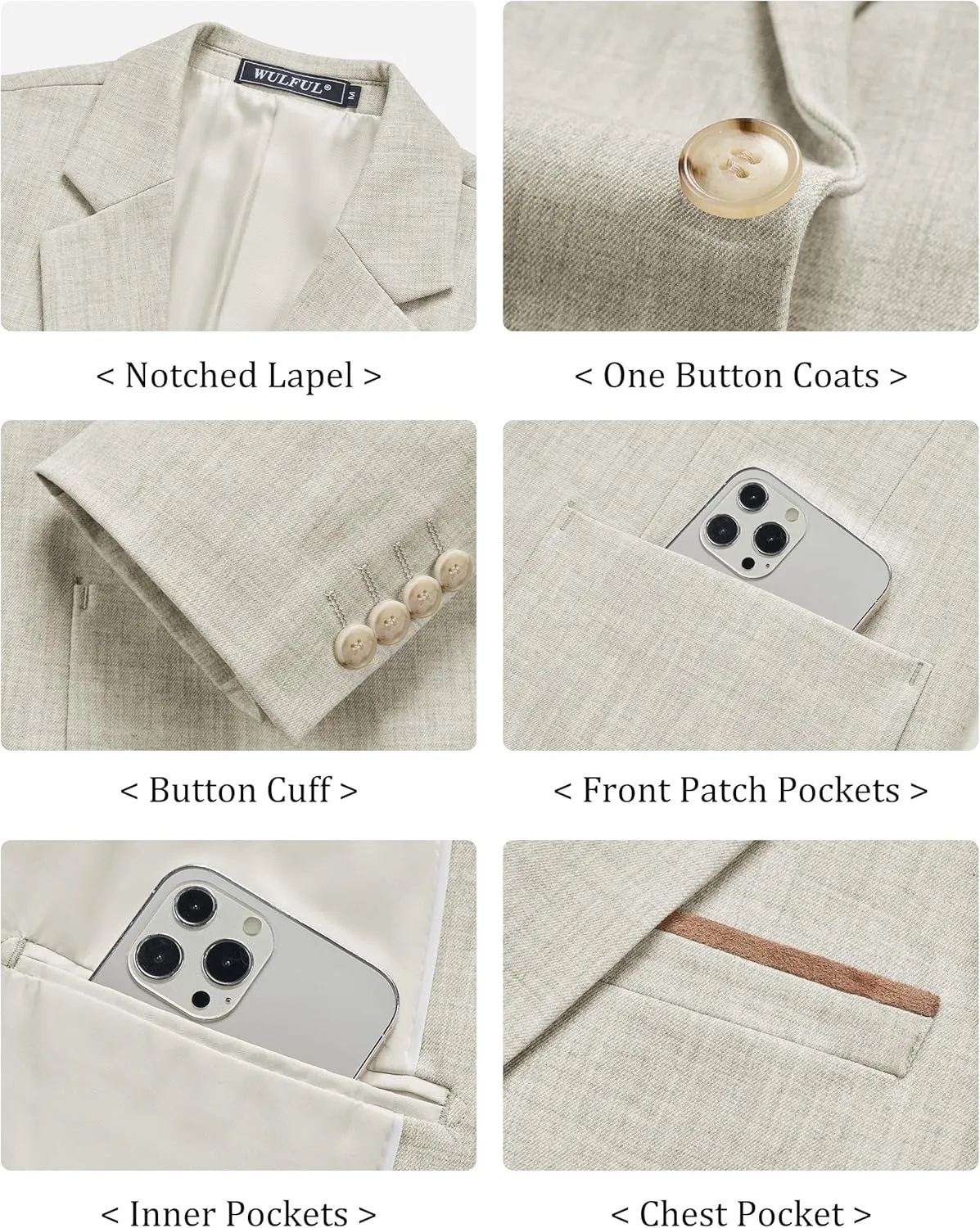 WULFUL Men's Sport Coats Blazers Linen Cotton Blazer Regular Fit One Button Suit Jacket with 2 Pockets